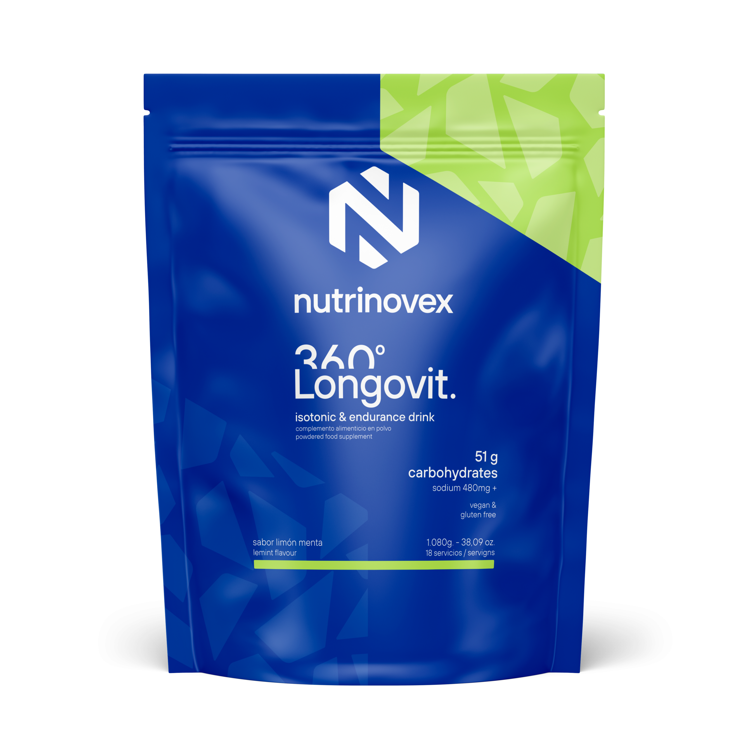 NUTRINOVEX LONGOVIT 360º 51g carbohydrates sodium 480mg 1080g 18 dosis limón menta